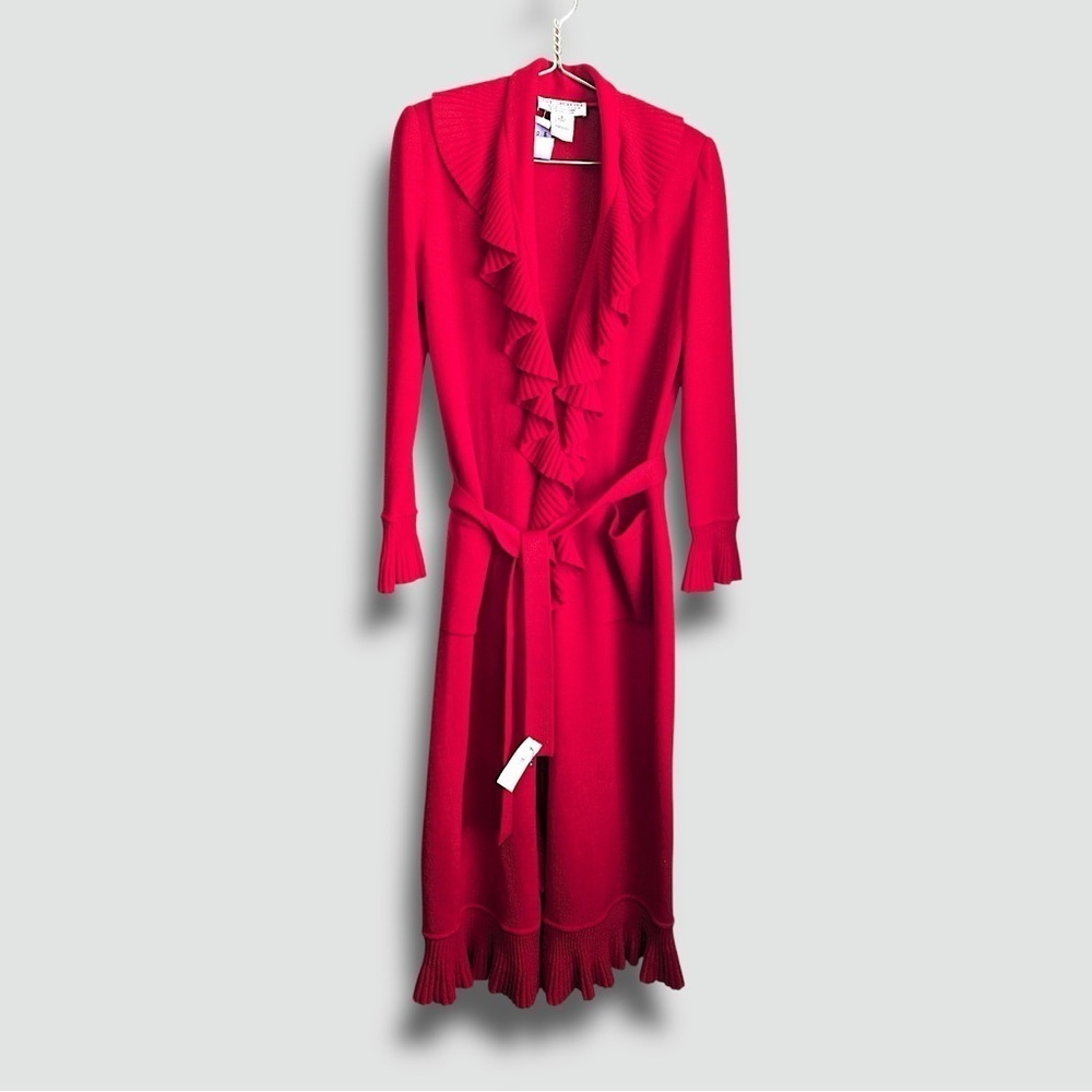 St. John Collection by Marie Gray Kelly Coat Waterfall Ruffle Knit MRSP $1500!